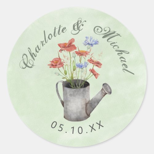 Rustic wildflowers in a water can wedding classic  classic round sticker