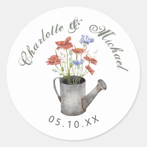 Rustic wildflowers in a water can wedding classic round sticker