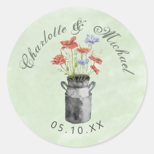 Rustic wildflowers in milk bucket wedding classic  classic round sticker