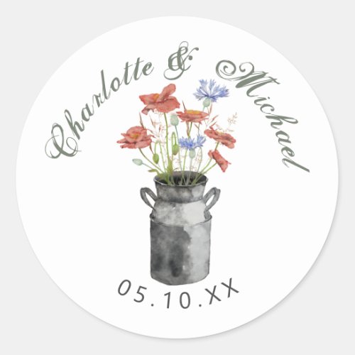 Rustic wildflowers in milk bucket wedding classic round sticker
