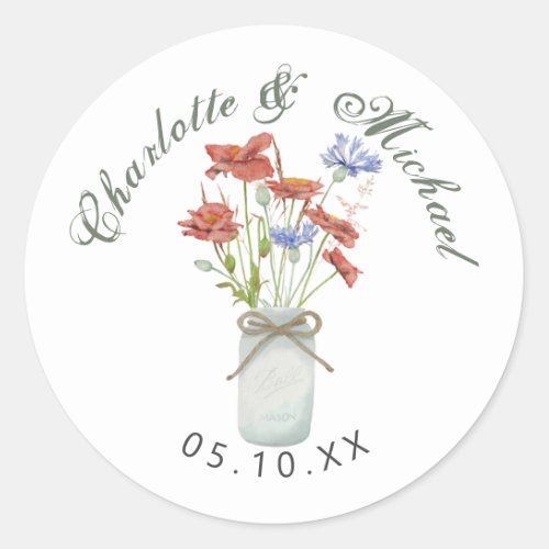 Rustic wildflowers in white ball jar wedding class classic round sticker