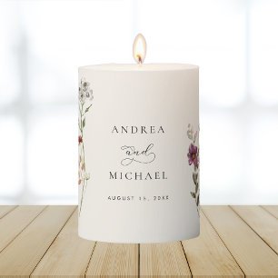 Rustic Wildflowers Ivory Cream Romantic Wedding Pillar Candle