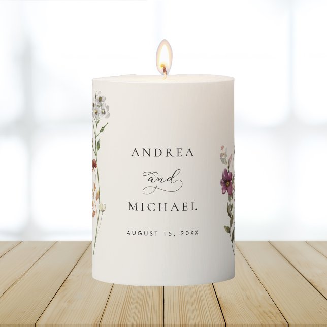 Rustic Wildflowers Ivory Cream Romantic Wedding Pillar Candle (Creator Uploaded)