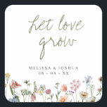 Rustic Wildflowers Let Love Grow Wedding Seeds Square Sticker<br><div class="desc">Pretty favor stickers for your seeds packet favors,  featuring the editable headline "let love grow" in sage green handwritten style font,  and a border of watercolor wildflowers in pink,  blue,  lilac,  yellow and white.</div>