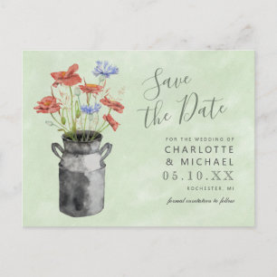 rustic wildflowers milkbucket save the date postcard