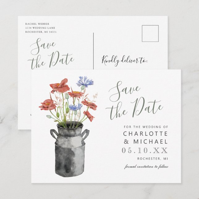rustic wildflowers milkbucket save the date postcard (Front/Back)