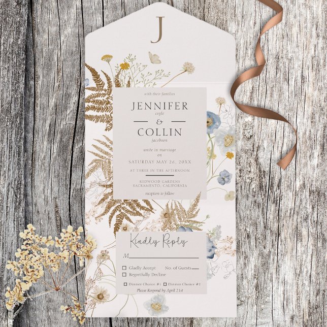 Rustic Wildflowers Monogram Cream Dinner All In One Invitation (Creator Uploaded)