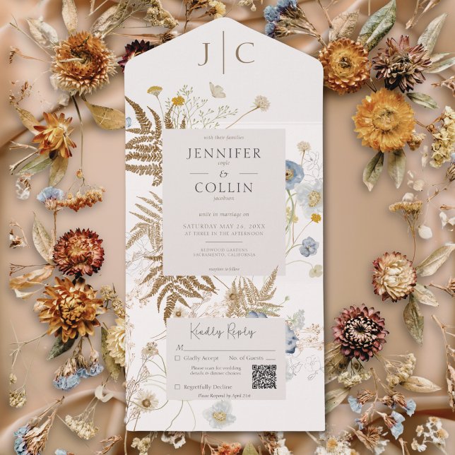 Rustic Wildflowers Monogram Cream QR Code All In One Invitation (Rustic Wildflowers Monogram Cream QR Code All In One Invitation)
