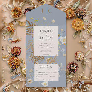 Rustic Wildflowers Monogram Dusty Blue Dinner All In One Invitation