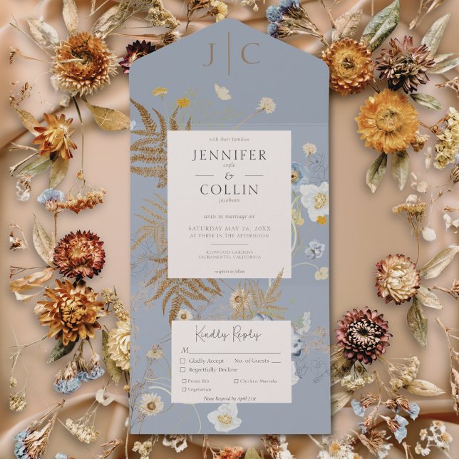 Rustic Wildflowers Monogram Dusty Blue Dinner All In One Invitation (Rustic Wildflowers Monogram Dusty Blue Dinner All In One Invitation)