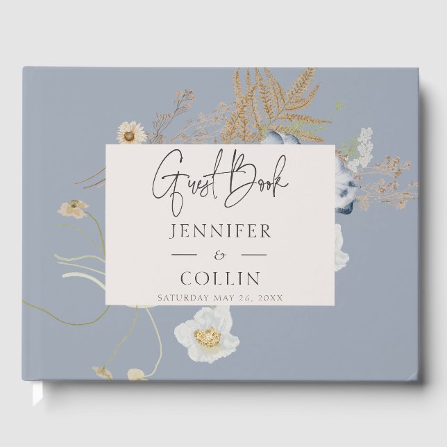 Rustic Wildflowers Monogram Dusty Blue Guest Book (Front)