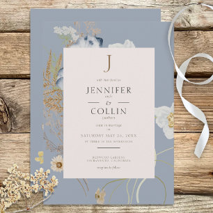 Rustic Wildflowers Monogram Dusty Blue Invitation