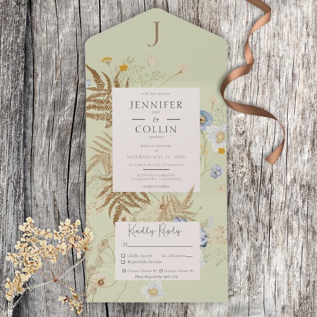 Rustic Wildflowers Monogram Lt Green Dinner All In One Invitation (Creator Uploaded)