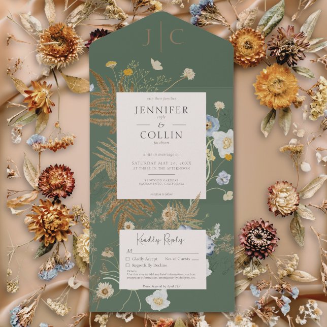 Rustic Wildflowers Monogram Sage Green No Dinner All In One Invitation (Rustic Wildflowers Monogram Sage Green No Dinner All In One Invitation)