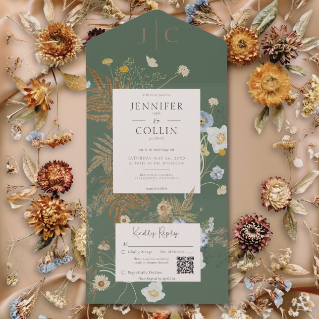 Rustic Wildflowers Monogram Sage Green QR Code All In One Invitation (Rustic Wildflowers Monogram Sage Green QR Code All In One Invitation)