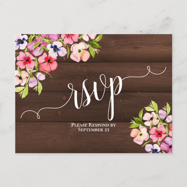 Rustic Wildflowers on Barn Wood Wedding RSVP Postcard (Front)