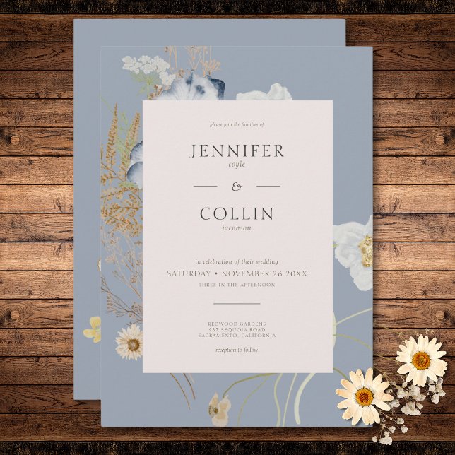 Rustic Wildflowers on Dusty Blue Wedding Invitation (Rustic Wildflowers on Dusty Blue Wedding Invitation)