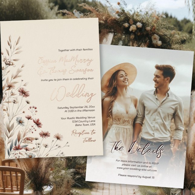 Rustic Wildflowers Photo & Details Elegant Wedding Foil Invitation (Front/Back)