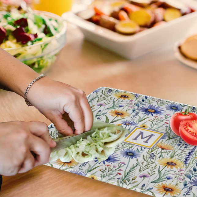 Rustic Wildflowers Pretty Watercolor Monogrammed Cutting Board (A glass cutting board with blue and yellow wildflowers design, personalized with a monogram initial)