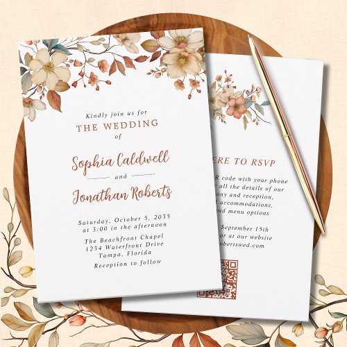 Rustic Wildflowers QR Code Fall Wedding Invitation