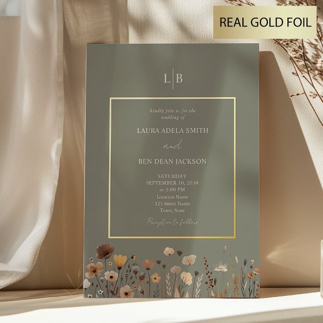 Rustic Wildflowers Sage Wedding Gold  Foil Invitation (Creator Uploaded)