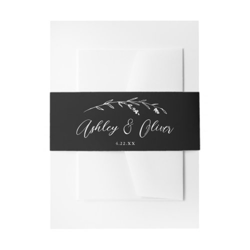 Rustic Wildflowers Script Black  White Wedding Invitation Belly Band