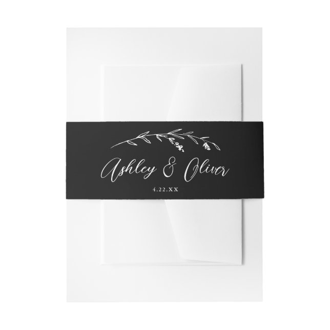 Rustic Wildflowers Script Black & White Wedding Invitation Belly Band (Front Example)