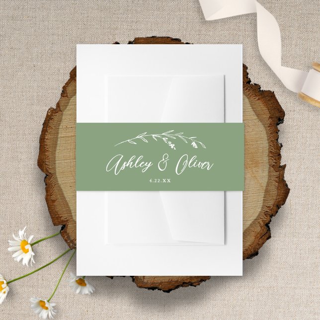 Rustic Wildflowers Script Sage Green Wedding Invitation Belly Band (Creator Uploaded)