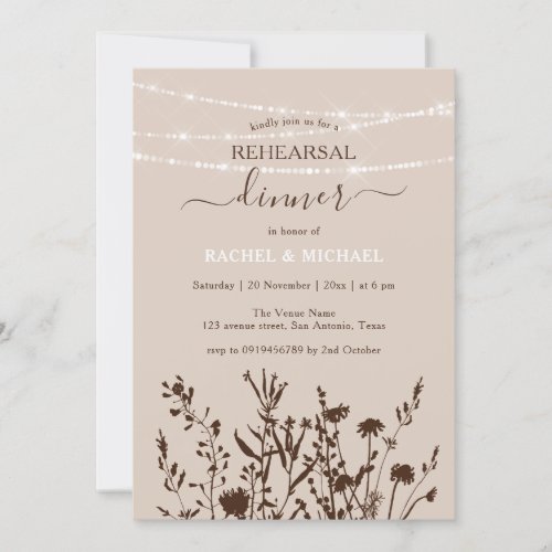 Rustic Wildflowers String Lights Rehearsal Dinner Invitation