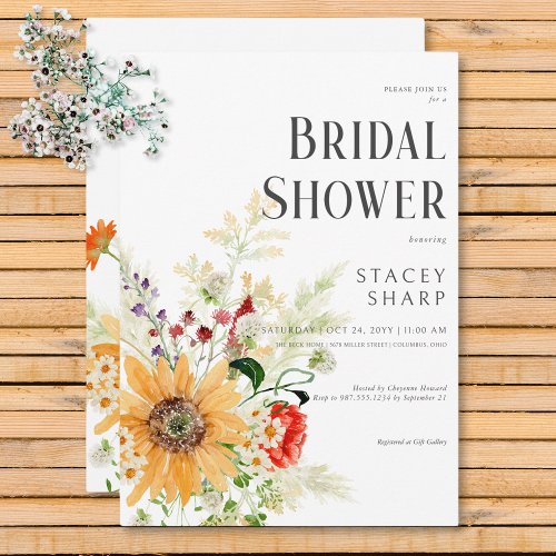 Rustic Wildflowers  Sunflowers Bridal Shower Invitation