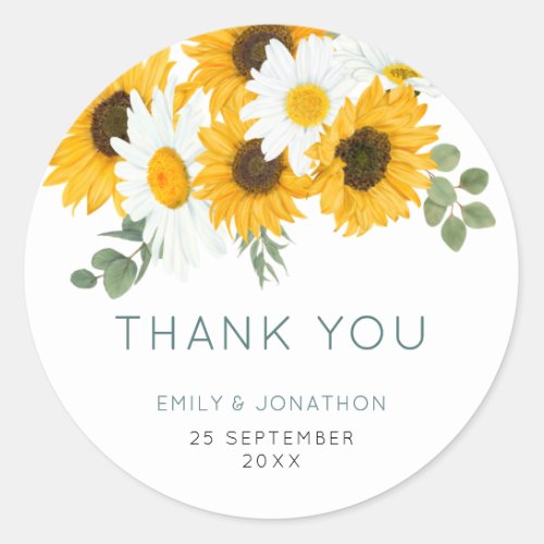 Rustic Wildflowers Sunflowers Names Date Thank You Classic Round Sticker