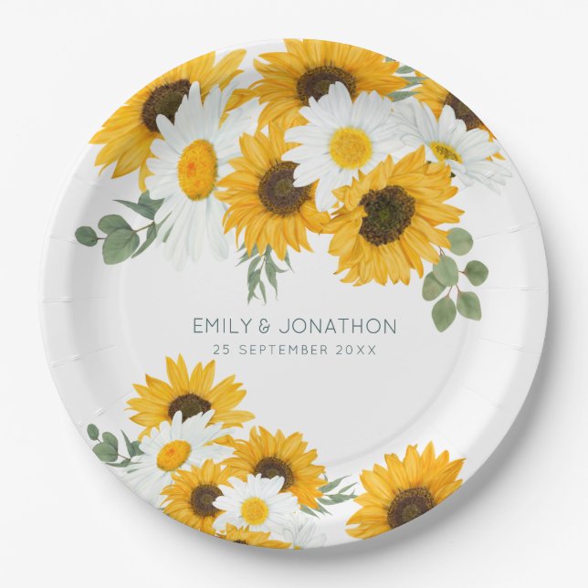 Rustic Wildflowers Sunflowers Names Date Wedding Paper Plates (Front)