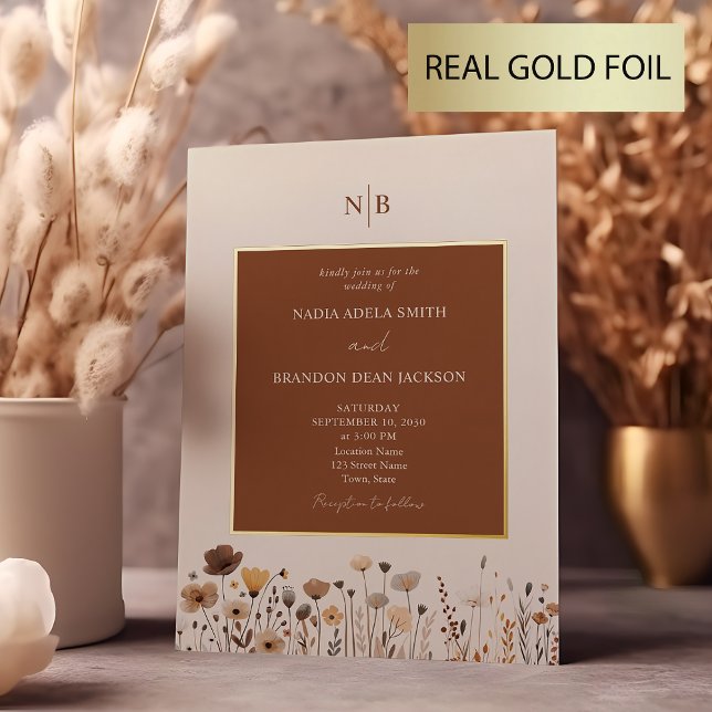 Rustic Wildflowers Terracotta Wedding Foil Invitation (Creator Uploaded)