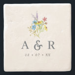 Rustic Wildflowers Wedding Monogram Stone Coaster<br><div class="desc">Rustic wedding stone coasters,  featuring a watercolor wildflower bouquet with blue,  yellow,  purple and pink flowers,  and your initials and wedding date. Perfect for a wedding gift or as wedding favors</div>