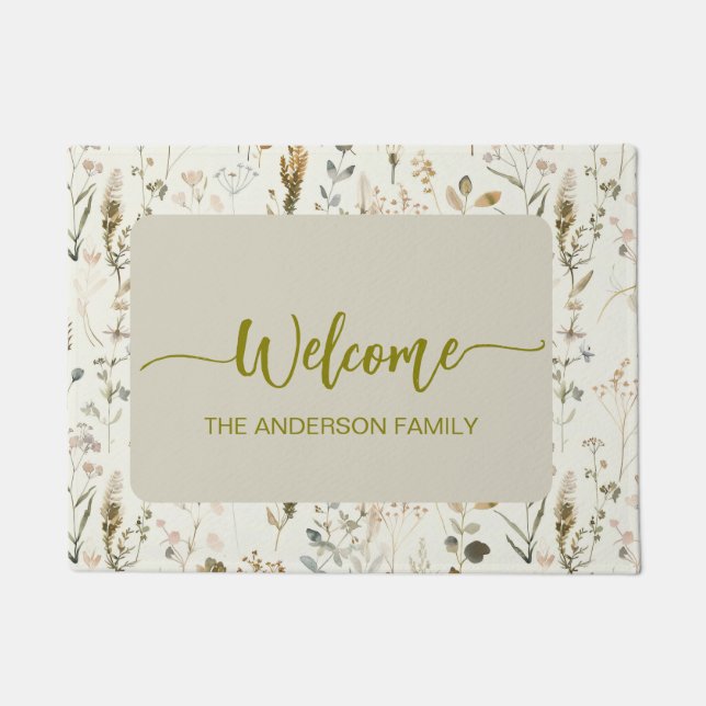 Rustic Wildflowers Welcome Personalized Doormat (Front)