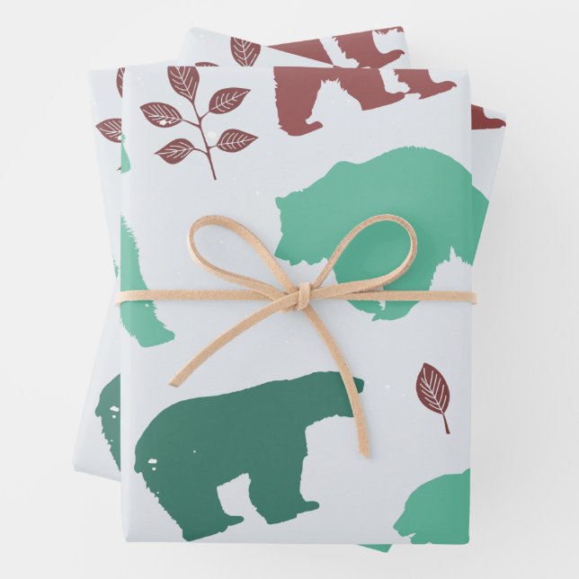 Rustic Wildlife Bear Pattern Wrapping Paper Sheets (In situ)