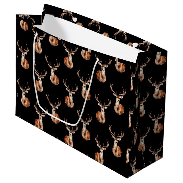 Rustic Wildlife Deer Head Watercolor Black Large Gift Bag (Front Angled)