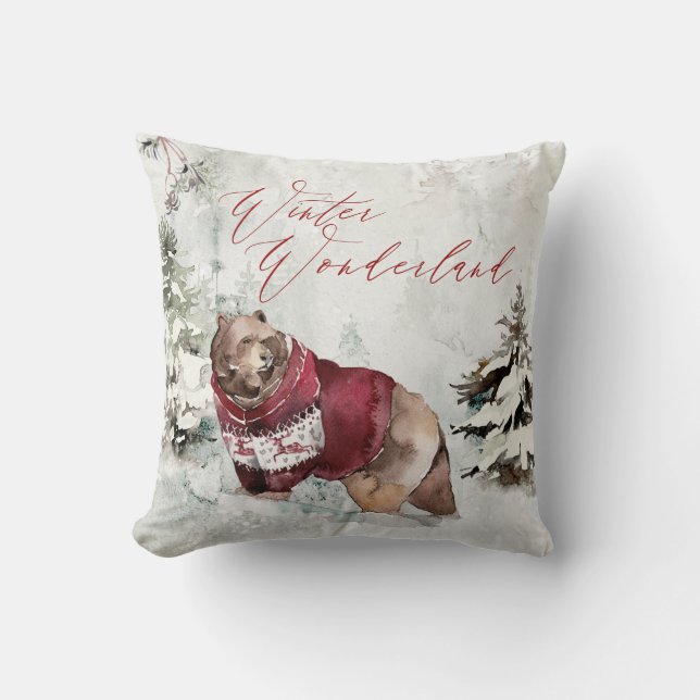 Rustic Wildlife Winter Wonderland Scene Throw Pillow (Front)