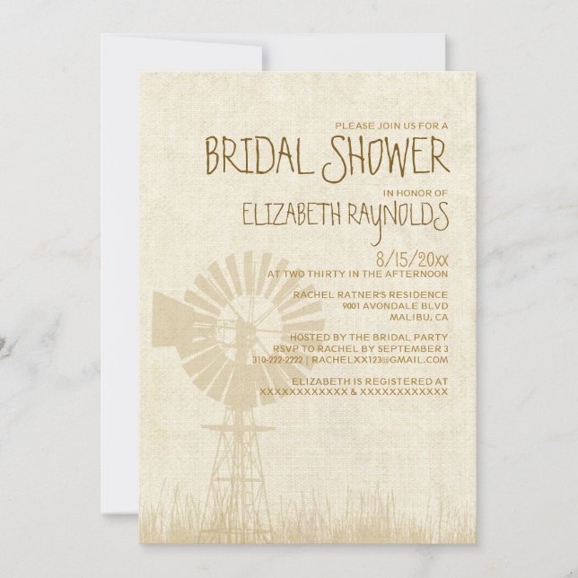 Rustic Windmill Bridal Shower Invitations (Front)