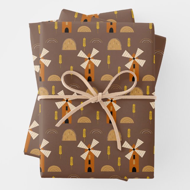 Rustic Windmill & Wheat Harvest Seamless Pattern Wrapping Paper Sheets (In situ)