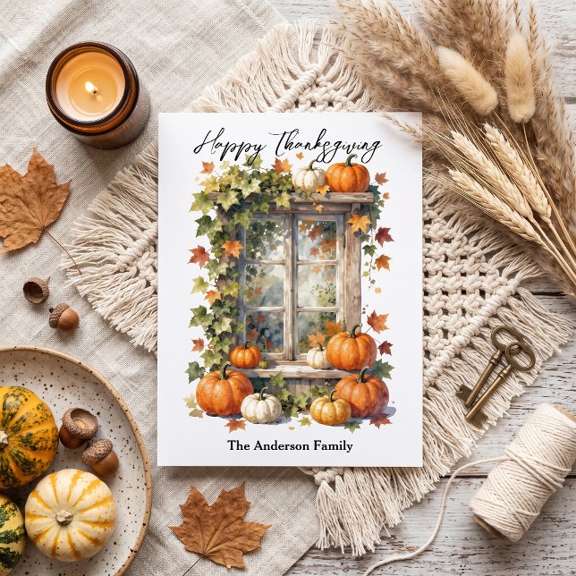 Rustic Window Orange Fall Pumpkins Thanksgiving Postcard (Creator Uploaded)