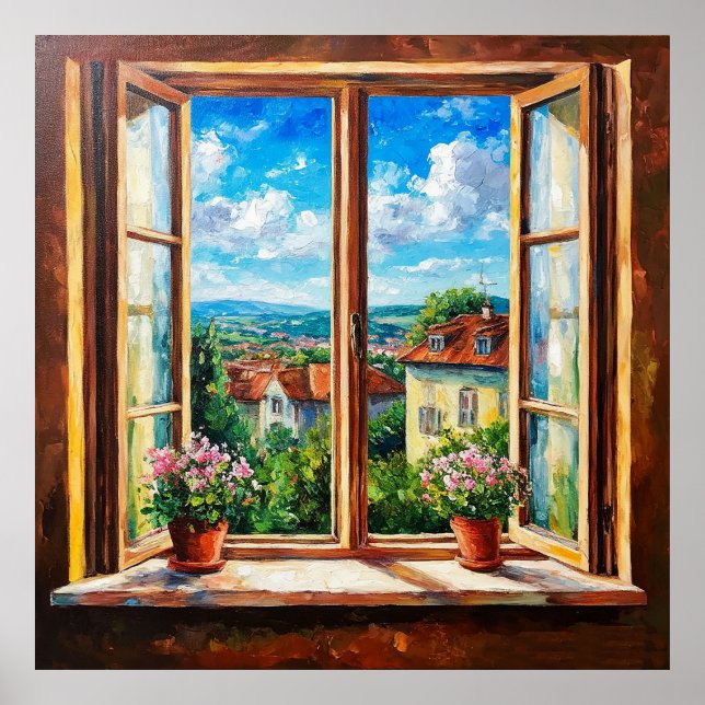 Rustic Window Overlooking a Colorful Countryside Poster (Front)
