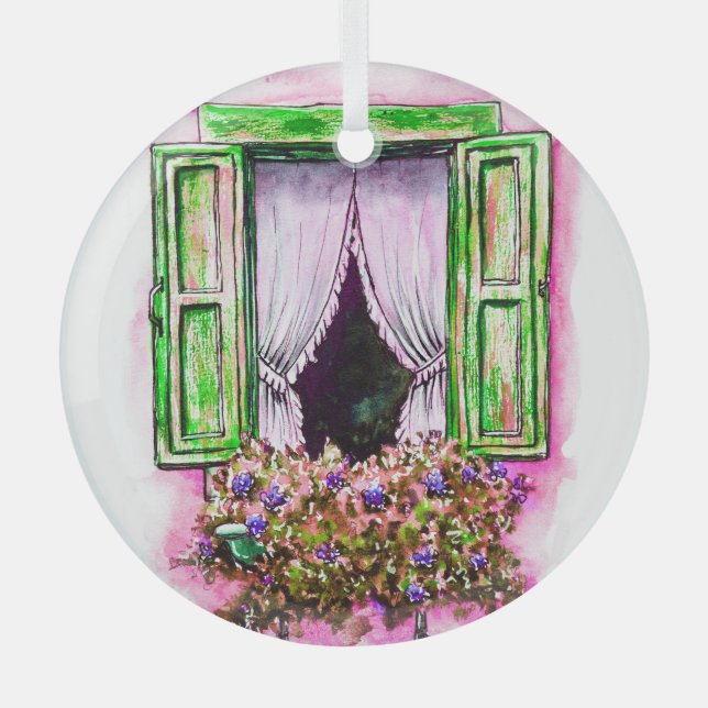 Rustic Windows: Watercolor Sketch Provance. Glass Ornament (Front)