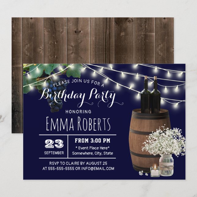 Rustic Wine Barrel Floral Jar Navy Blue Birthday Invitation (Front/Back)