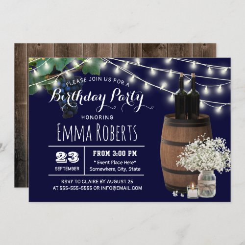 Rustic Wine Barrel Floral Jar Navy Blue Birthday Invitation