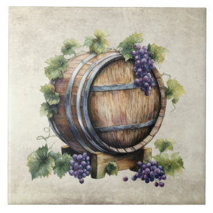 Rustic Wine Barrel Grapes Watercolors Italian Ceramic Tile