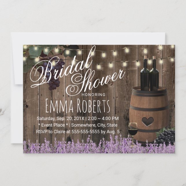 Rustic Wine Barrel Lavender Floral Bridal Shower Invitation (Front)