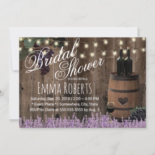Rustic Wine Barrel Lavender Floral Bridal Shower Invitation
