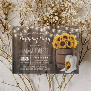 Rustic Wine Barrel Sunflower Cowgirl Birthday Invitation