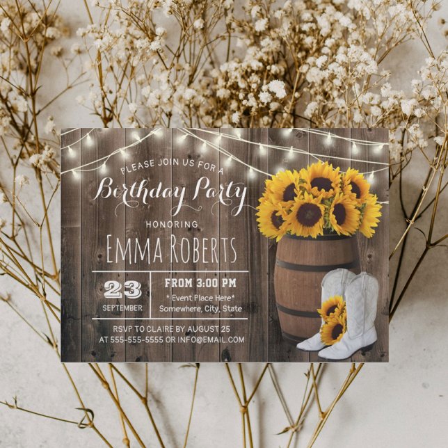 Rustic Wine Barrel Sunflower Cowgirl Birthday Invitation (Creator Uploaded)